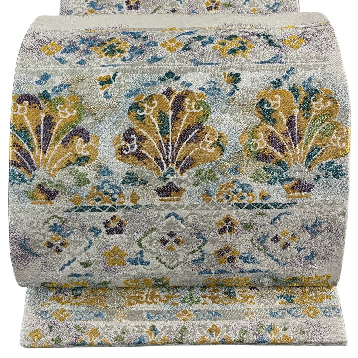 【美品】 袋帯 名篇 顕花植物 向鳥 現ナマ糸 箔 薄墨色 六通 正絹 【中古】