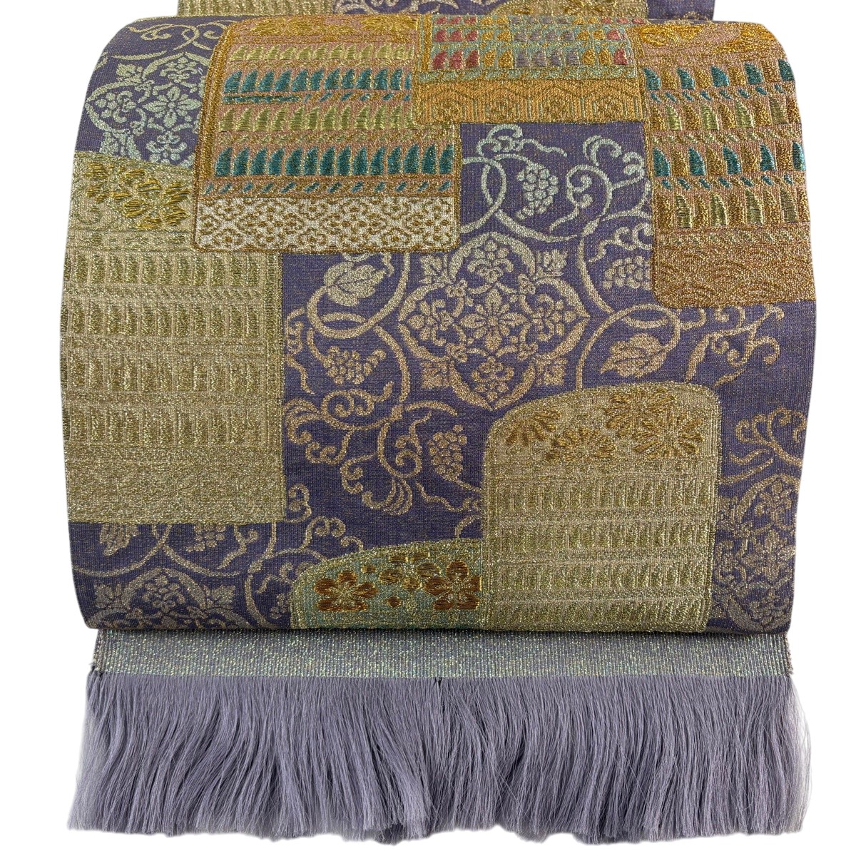 【美品】 袋帯 名篇 鎧威 グレープ唐草 金糸 箔 紫 六通 正絹 【中古】