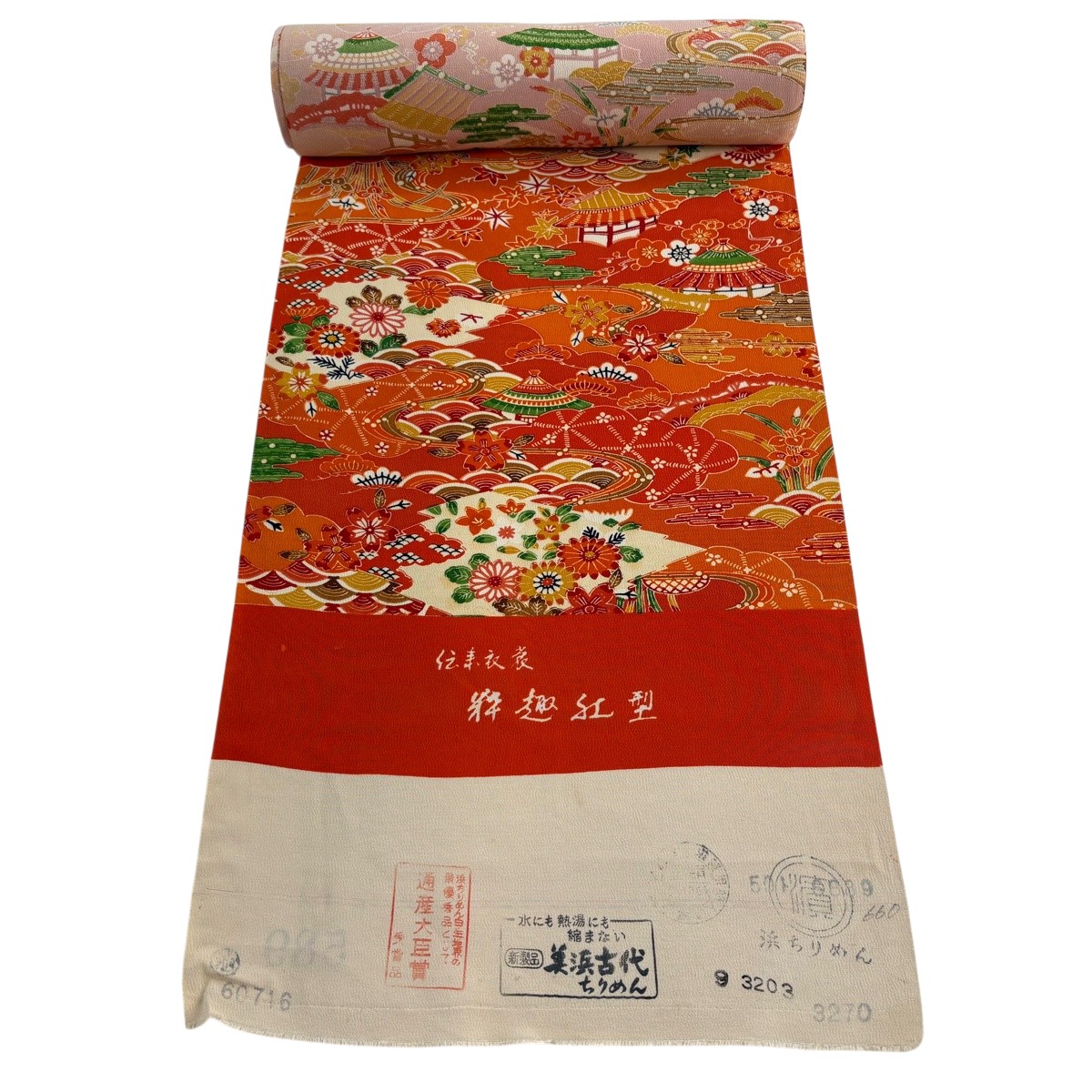 布切れ 秀品 小紋 顕花植物 営造物 クレープ オレンジ色 正絹 【中古】