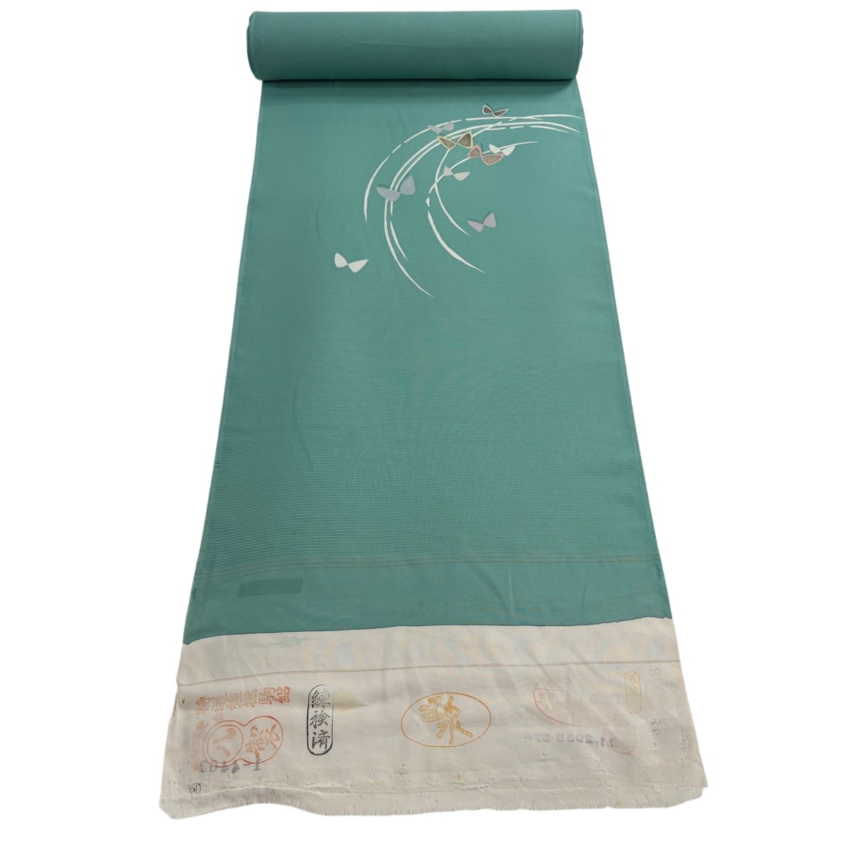 布切れ 秀品 付下げ 薄物 絽 蝶 金彩 薄緑 正絹 【中古】