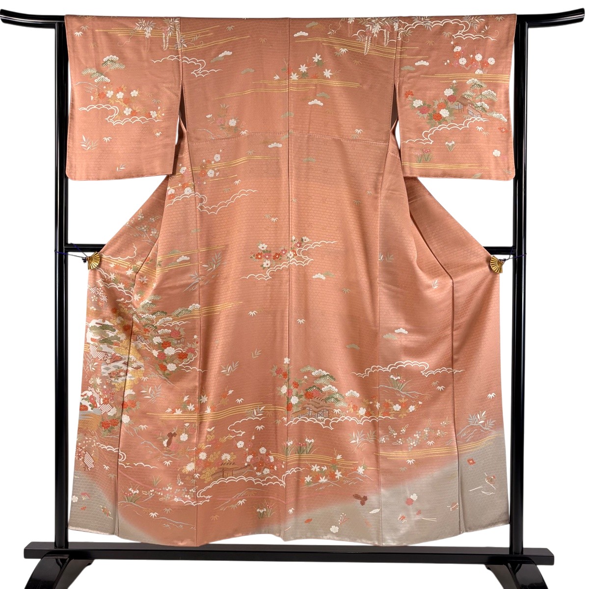 【美品】 短い訪問着 身の丈154糎 裄丈63.5糎 S 袷 雪輪 顕花植物 金彩 ぼかし 秋味サクラ色 正絹 秀品 【中古】