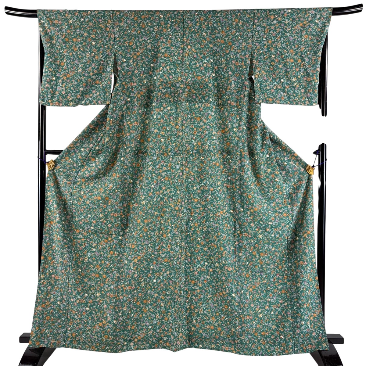【美品】 小紋 身の丈166糎 裄丈67糎 M 単衣 花唐草 あやつり人形 緑 正絹 秀品 【中古】