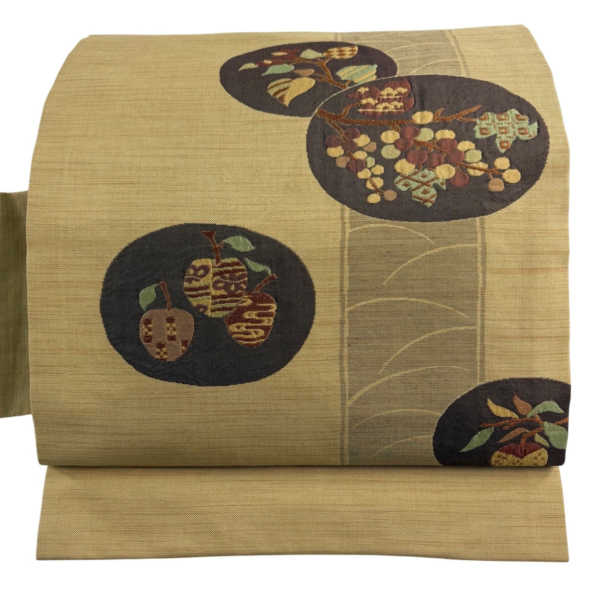 【美品】 名古屋帯 秀品 木ノ実 枝花 薄イエローオーカー色 正絹 【中古】