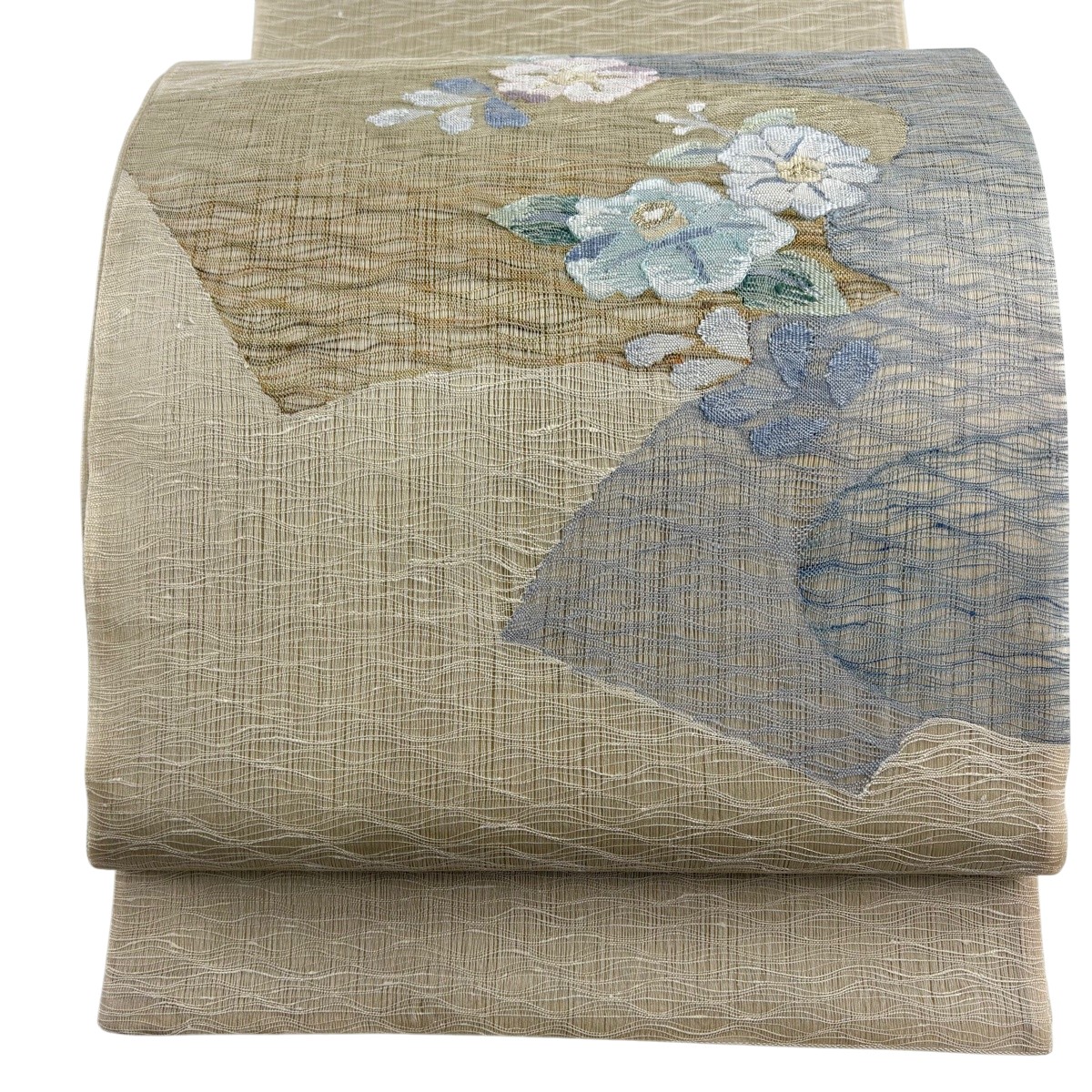 袋帯 秀品 夏帯 顕花植物 霞 金糸 ベージュ お太鼓柄 正絹 【中古】