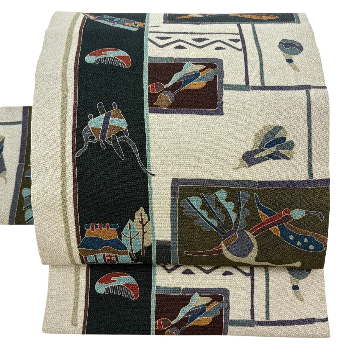 【美品】 名古屋帯 秀品 生り木 櫛 金彩 クレープ 灰緑 正絹 【中古】