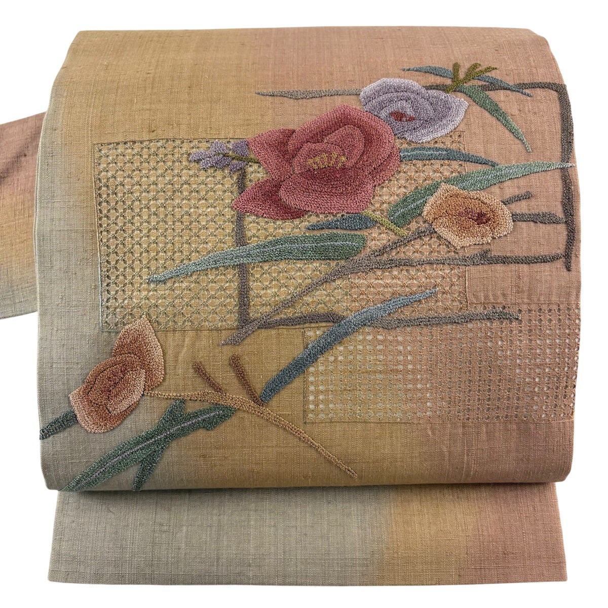 【美品】 名古屋帯 秀品 紬地 顕花植物 相良刺しゅう 汕頭刺繍 薄アズキ 正絹 【中古】