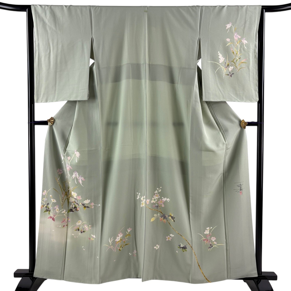 【美品】 付下げ 身たけ161.5糎 裄丈64糎 M 袷 百貫石峰 名書きあり 顕花植物 ぼかし 灰緑 正絹 珠玉 一応紋 【中古】