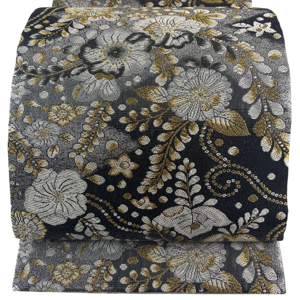 【美品】 袋帯 神品 リヴァーシブル 顕花植物 七宝 金糸 箔 黒灰 お太鼓柄 正絹 【中古】
