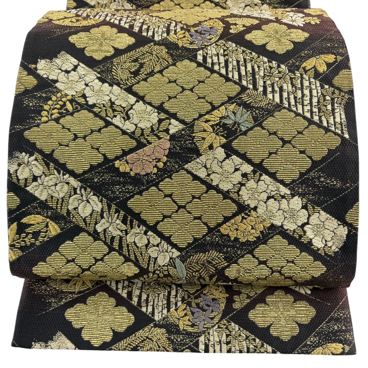 【美品】 袋帯 神品 金華山織 御先棒二通い路 菱 華文 金糸 黒 お太鼓柄 正絹 【中古】