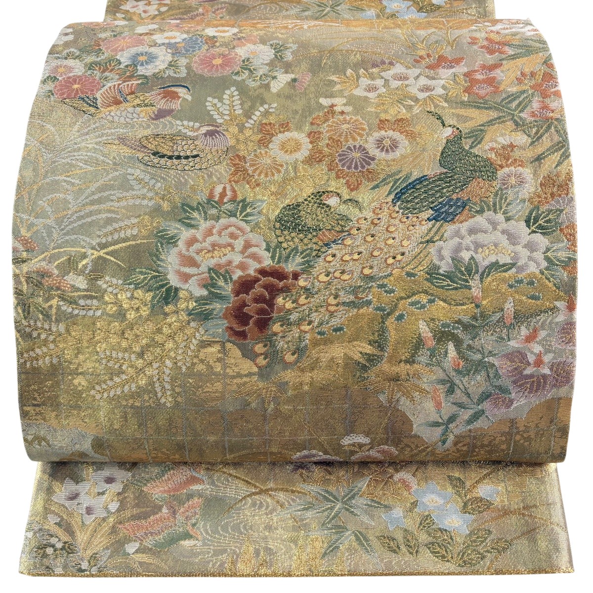 袋帯 神品 関西仕立てもの クジャク 顕花植物 金糸 金彩 金色 六通 正絹 【中古】
