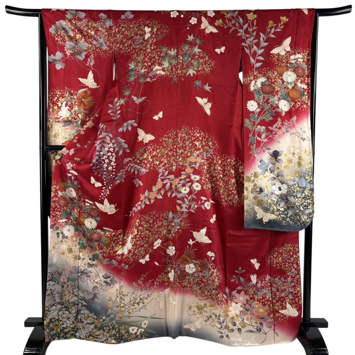 振袖 身の丈165珊 裄丈65.5珊 M 袷 菊 蝶 金糸 金彩 赤 正絹 神品 【中古】