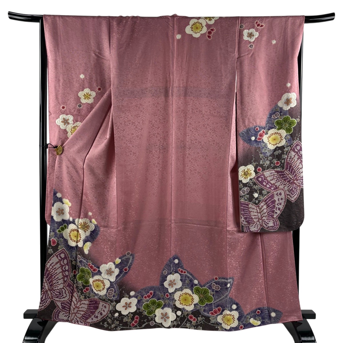 振袖 身の丈163珊 裄丈66珊 M 袷 梅 蝶 金通し 金彩 さくら色 正絹 神品 【中古】