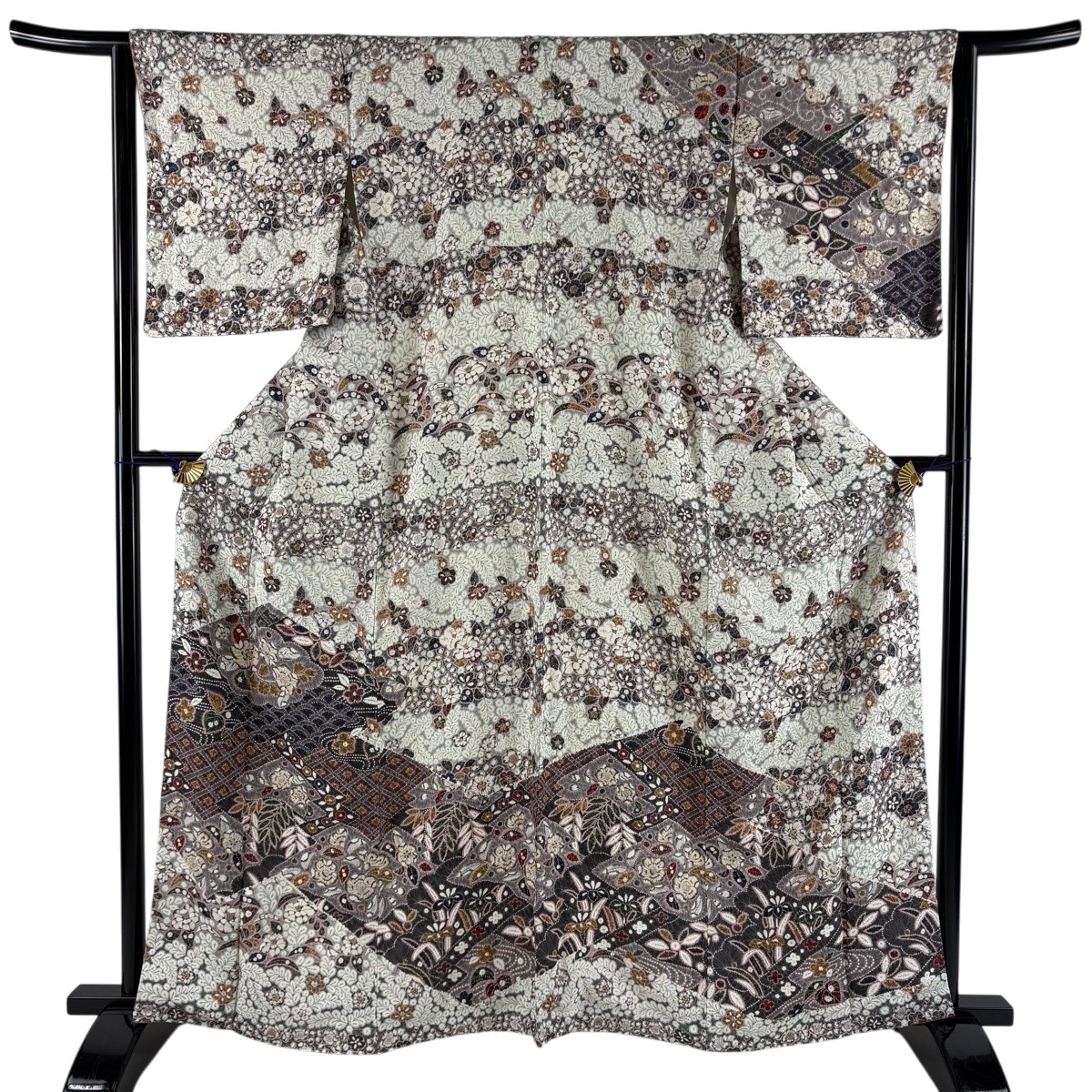 【美品】 短い訪問着 身の丈163珊 裄丈64珊 M 袷 辻が花柄 青海波 染め分け 灰紫 正絹 神品 【中古】