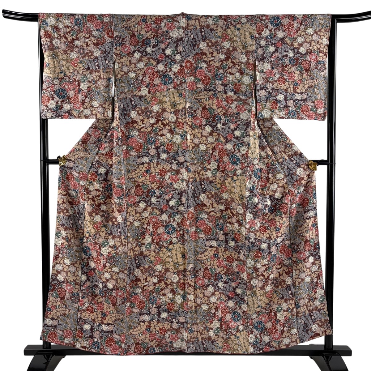 【美品】 小紋 身の丈157珊 裄丈65珊 M 袷 顕花植物 雲文 小豆色 正絹 神品 【中古】