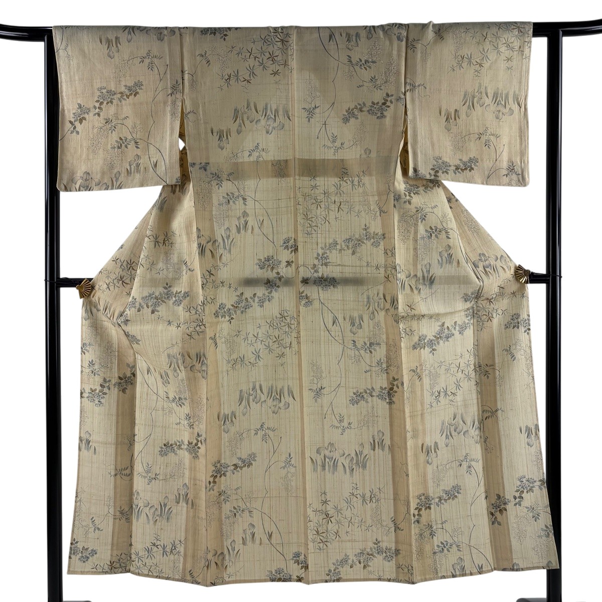 【美品】 小紋 身の丈150.5珊 裄丈62珊 S 薄物 夏紬地 顕花植物 ベージュ 正絹 神品 【中古】