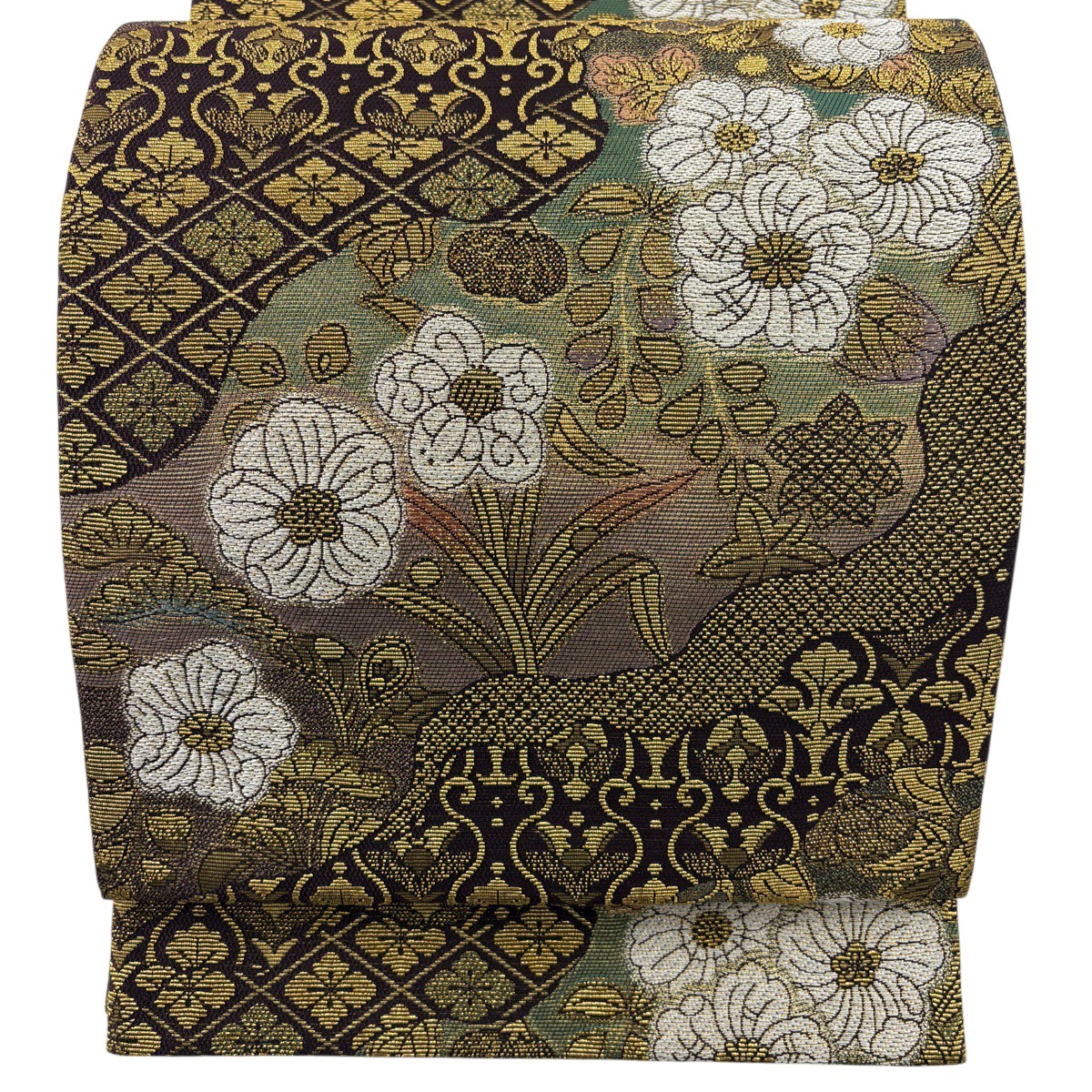 【美品】 袋帯 神品 顕花植物 花菱 金糸 金茶 六通 正絹 【中古】