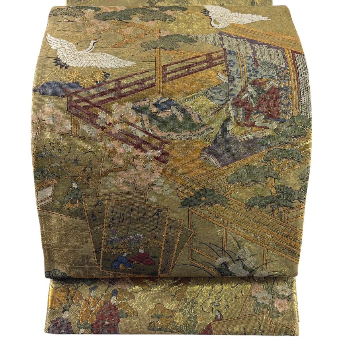 袋帯 神品 鈴乃屋 伊勢物語絵巻 本金箔 金糸 金色 お太鼓柄 正絹 【中古】
