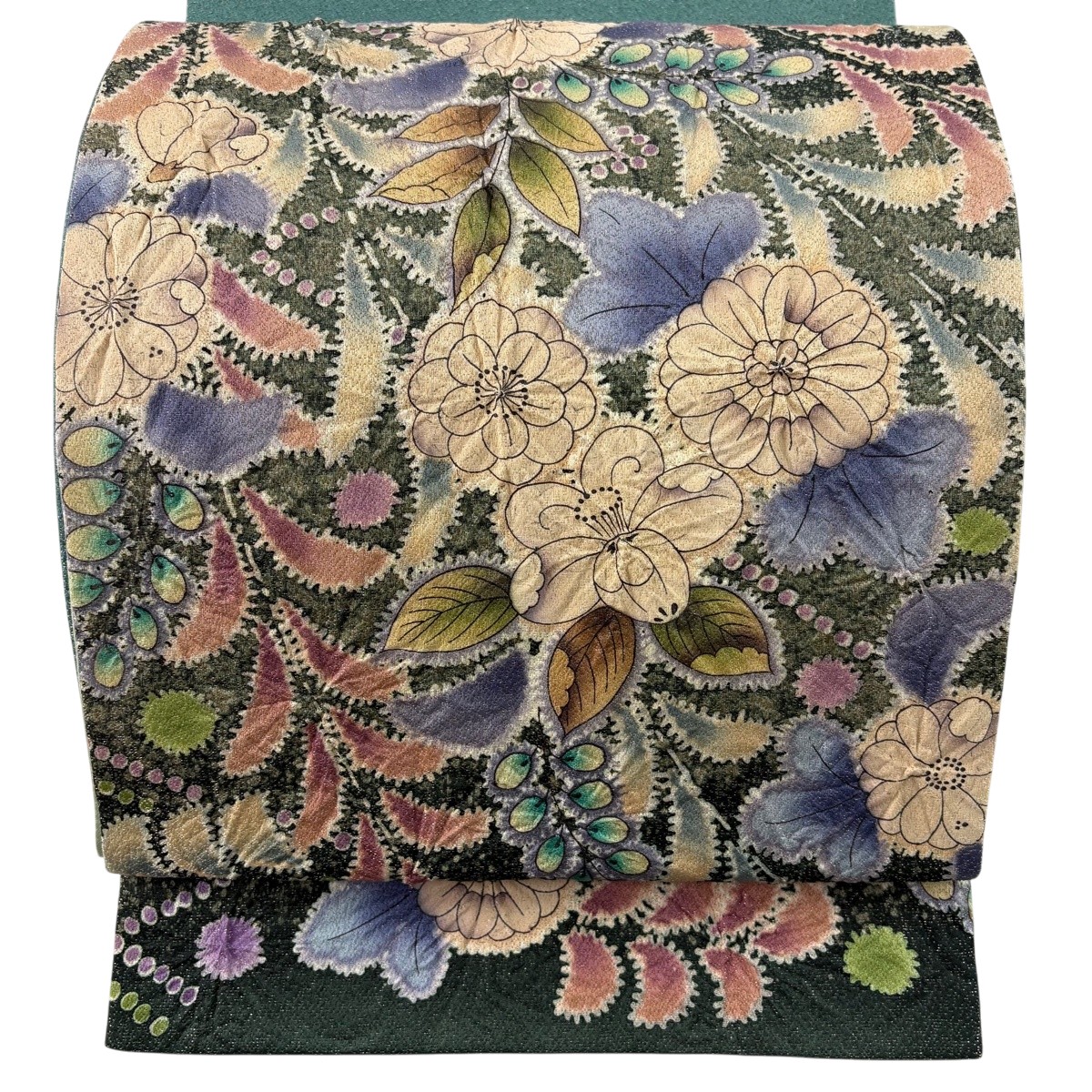袋帯 神品 辻が花柄 銀糸 緑 お太鼓柄 正絹 【中古】