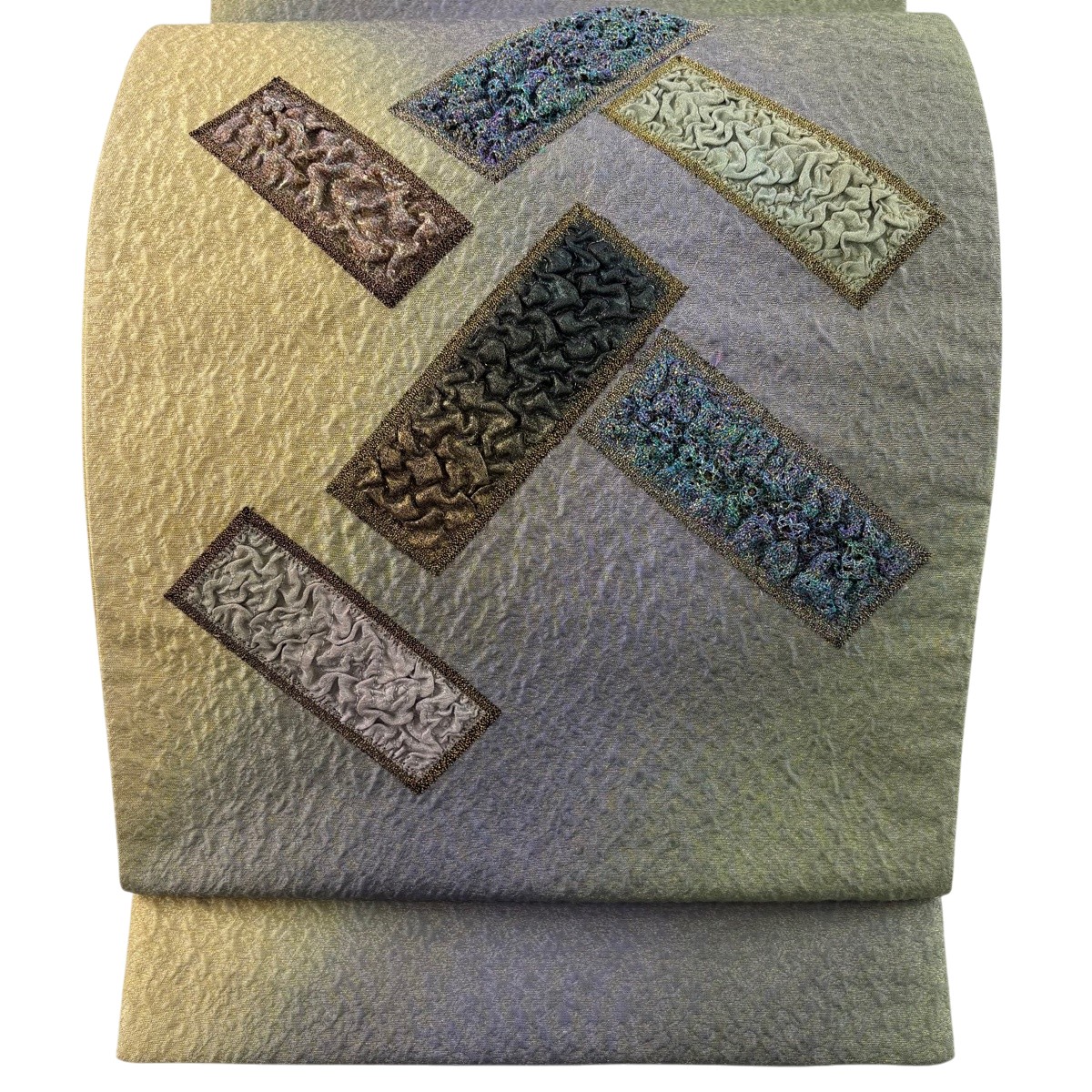 【美品】 袋帯 神品 スピード競技 短冊 ぼかし柄 金糸 灰紫 お太鼓柄 正絹 【中古】