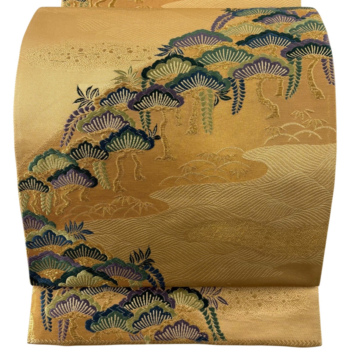 袋帯 神品 花井幸子 名書きあり 松 波 金糸 唐織 金茶 六通 正絹 【中古】