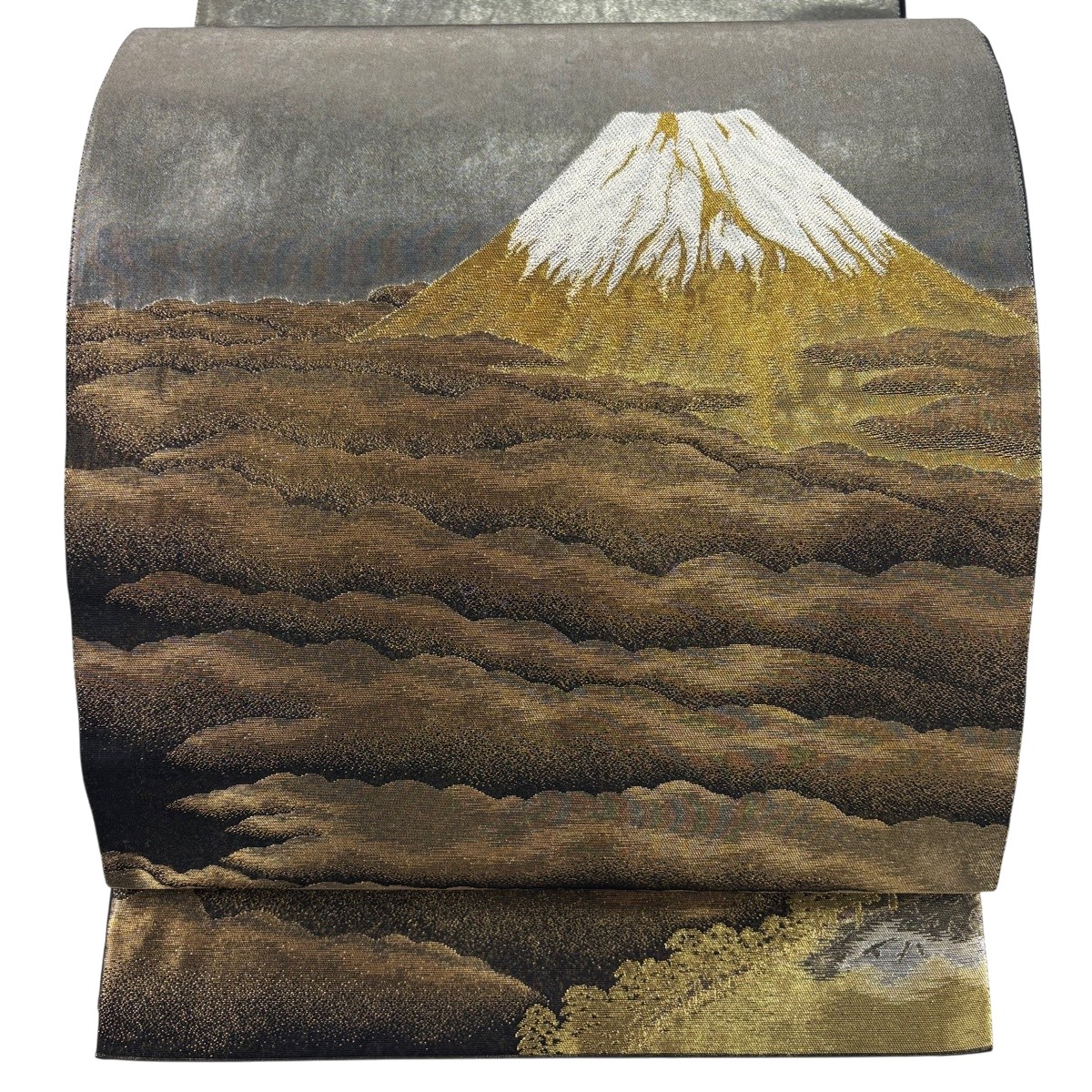 袋帯 珠玉 じゅらく 名書きあり 横山大観 朝陽霊峰 現ナマ糸 金茶 お太鼓柄 正絹 【中古】