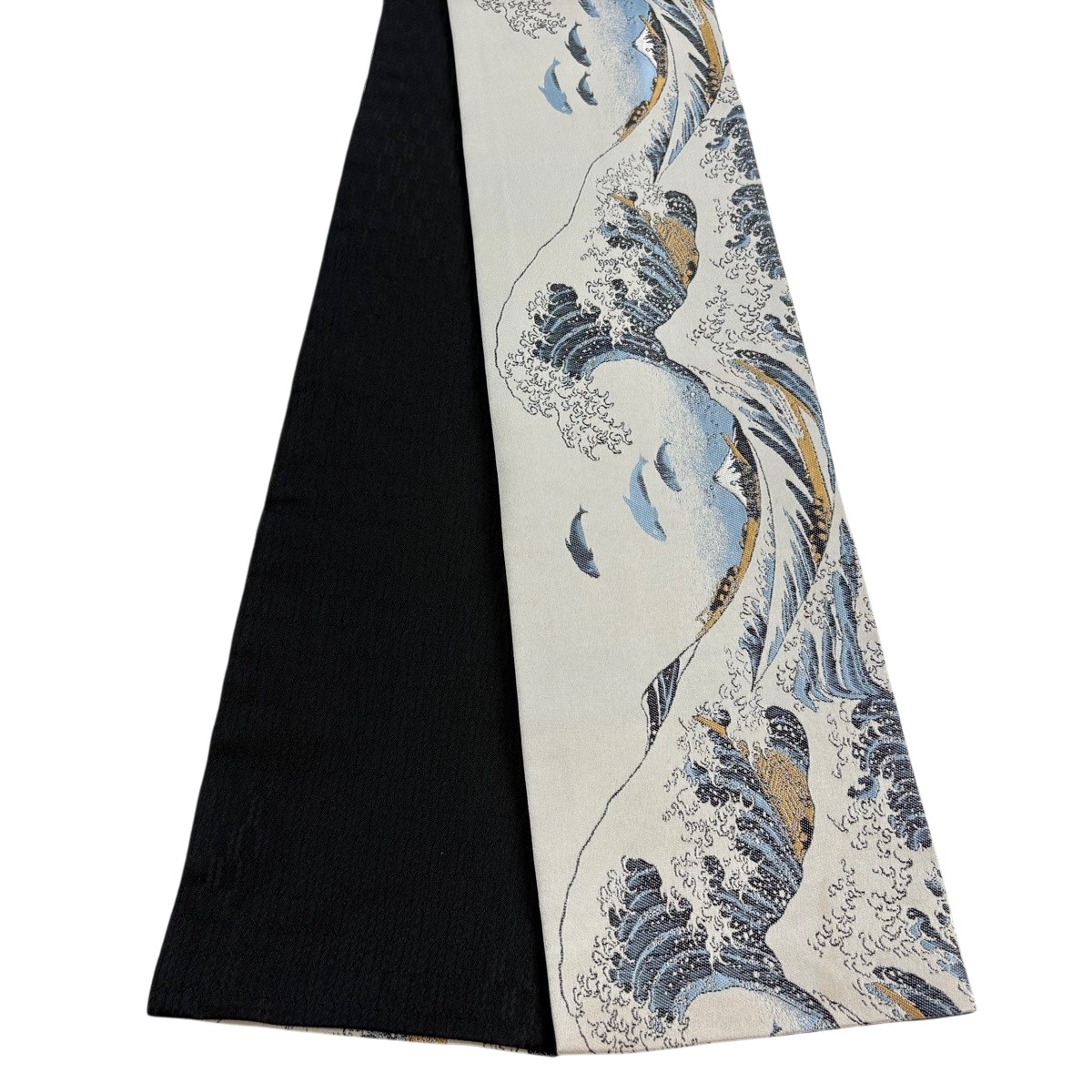 【美品】半幅帯 秀品 海豚 波 灰白 化繊 【中古】