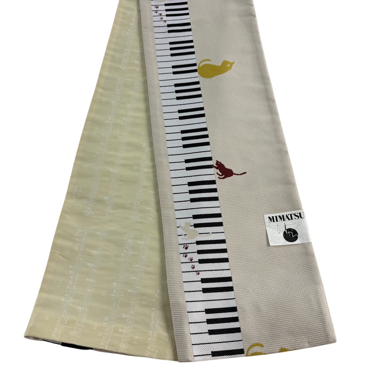 【美品】半幅帯 秀品 猫 鍵盤楽器 ベージュ 化繊 【中古】