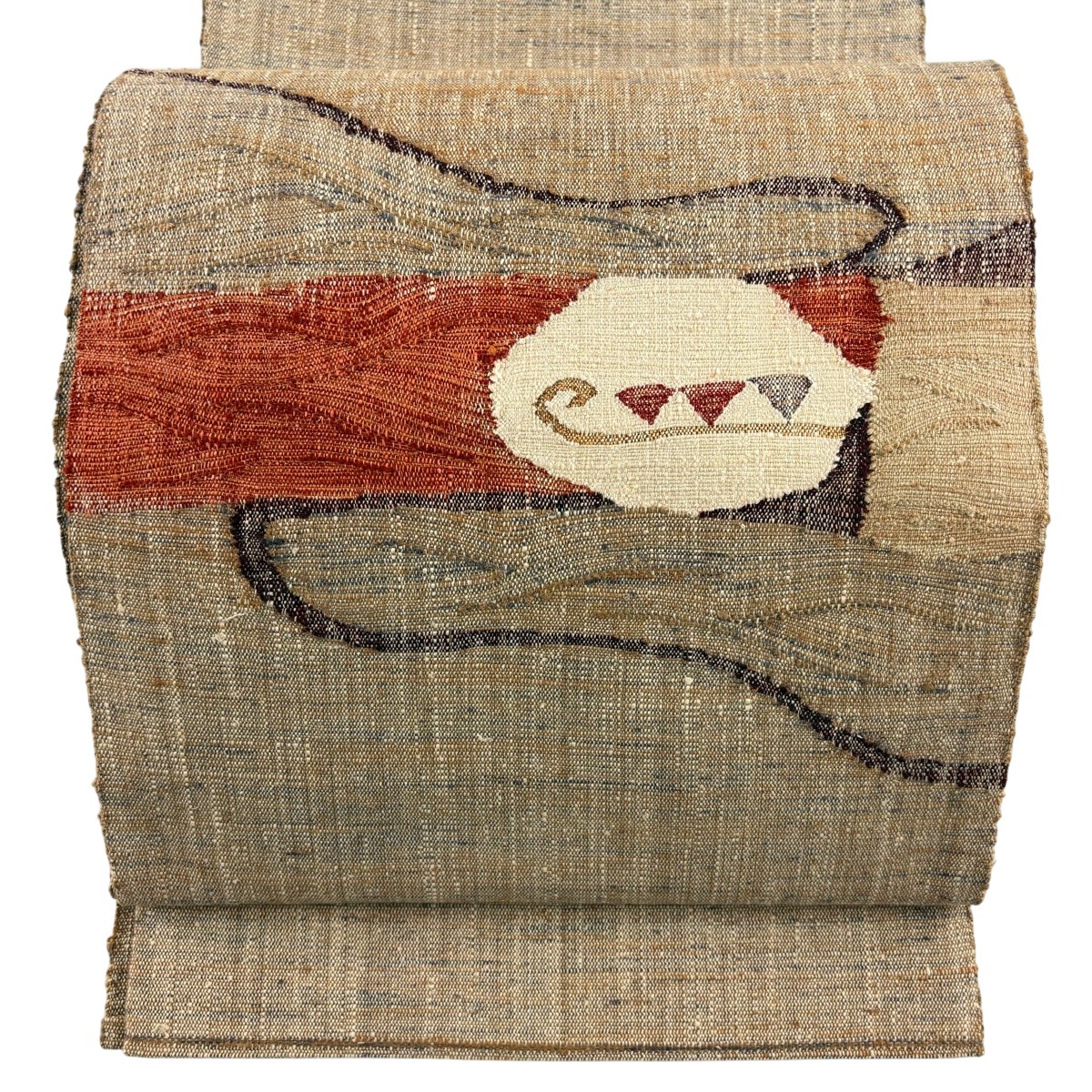 【美品】 名古屋帯 秀品 八寸名古屋帯 幾何学学飾りつけ うす茶色色 正絹 【中古】