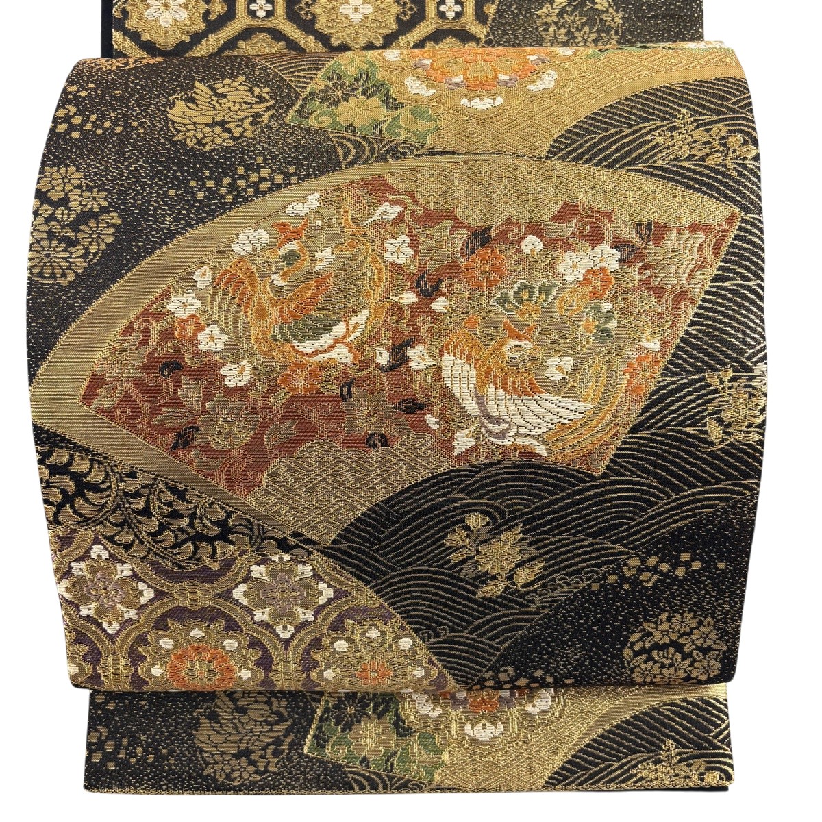 【美品】 袋帯 秀品 関西仕立てもの 扇子 花鳥 金糸 箔 黒 六通 正絹 【中古】