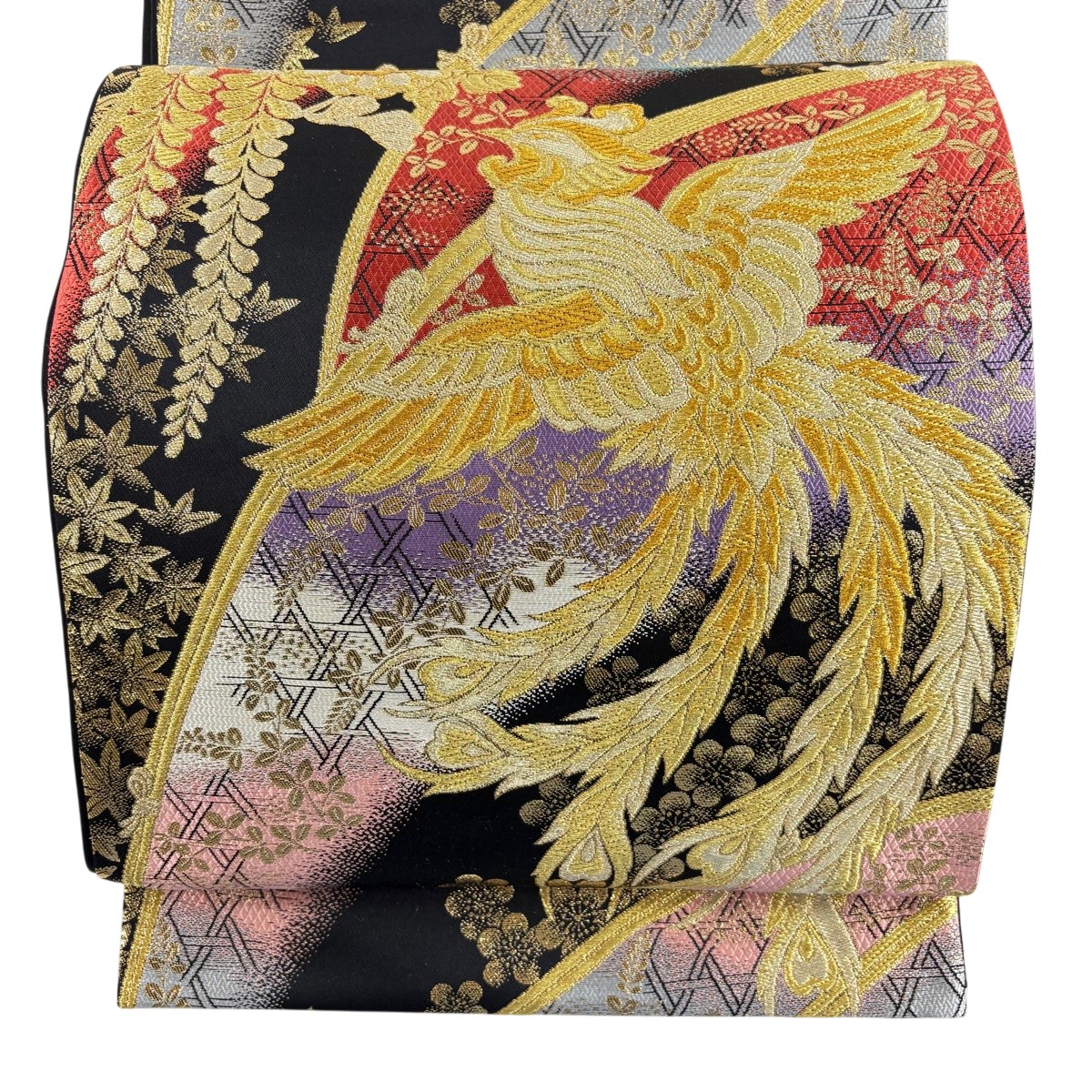 【美品】 袋帯 秀品 鳳凰 顕花植物 金糸 箔 黒 六通 正絹 【中古】
