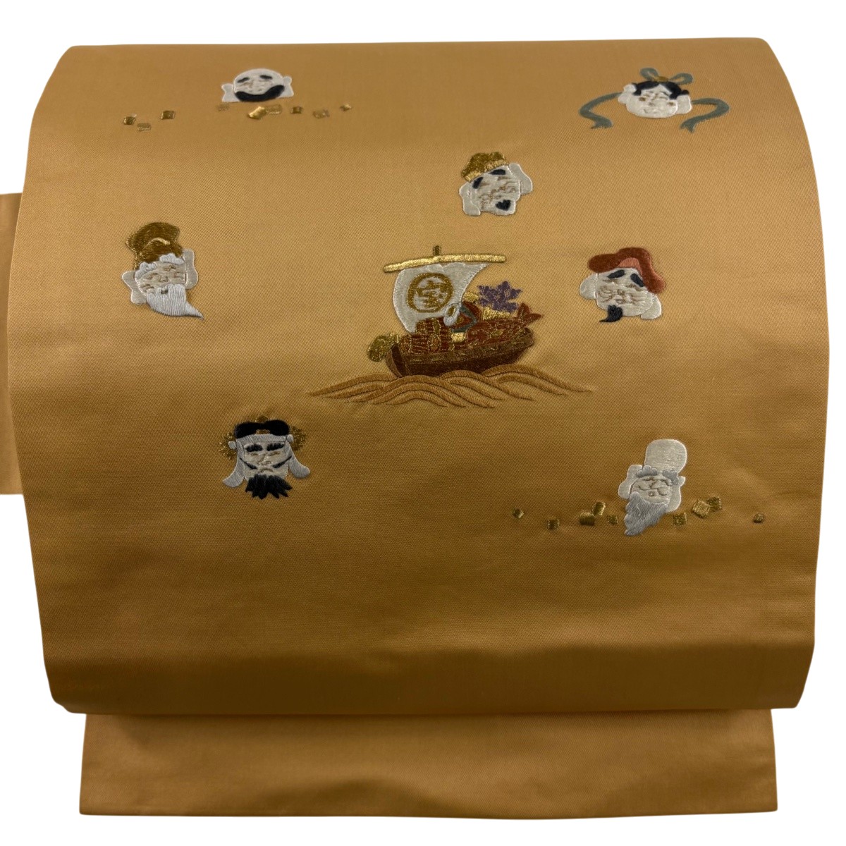 【美品】 名古屋帯 秀品 七福神 宝船 刺しゅう 金糸 オレンジ色 正絹 【中古】