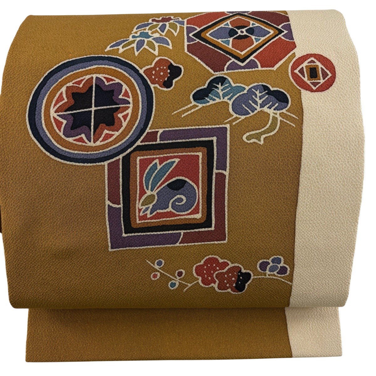 【美品】 名古屋帯 秀品 名書きあり 松竹梅 うさぎ クレープ オレンジ色 正絹 【中古】