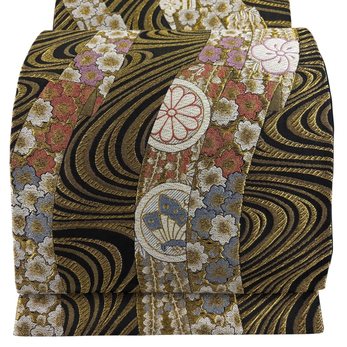 【美品】 袋帯 秀品 蔓帯 桜 金糸 箔 黒 六通 正絹 【中古】