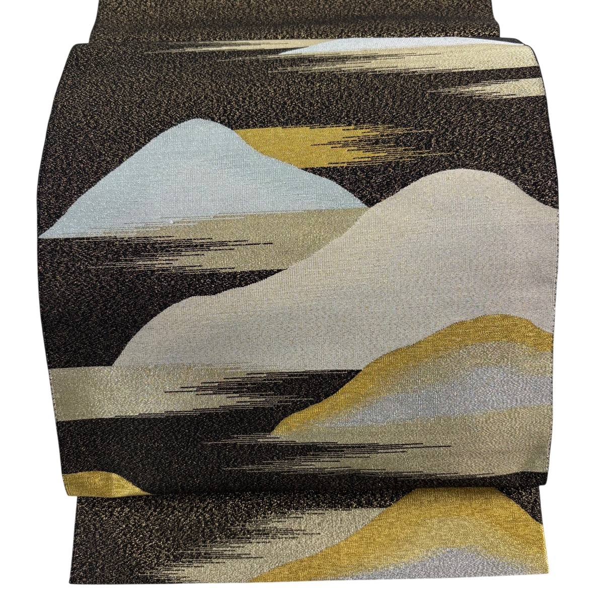 【美品】 袋帯 秀品 山 霞 現ナマ糸 箔 黒 お太鼓柄 正絹 【中古】