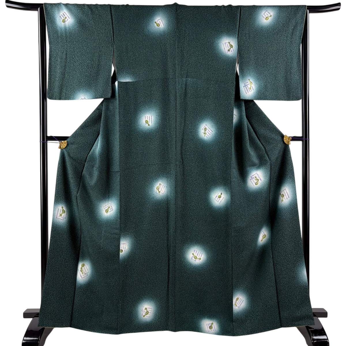 【美品】 小紋 身の丈166.5珊 裄丈64.5珊 M 袷 瓠 源氏香 深緑 正絹 秀品 【中古】