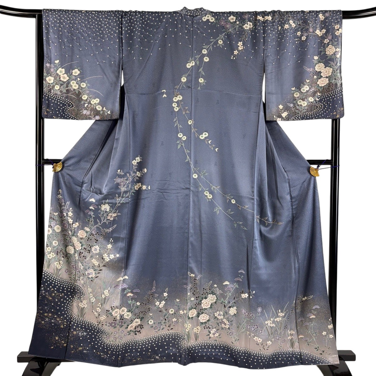短い訪問着 身の丈160.5珊 裄丈67.5珊 L 袷 顕花植物 霞 現ナマ彩 絞り 青薄墨色 正絹 秀品 【中古】