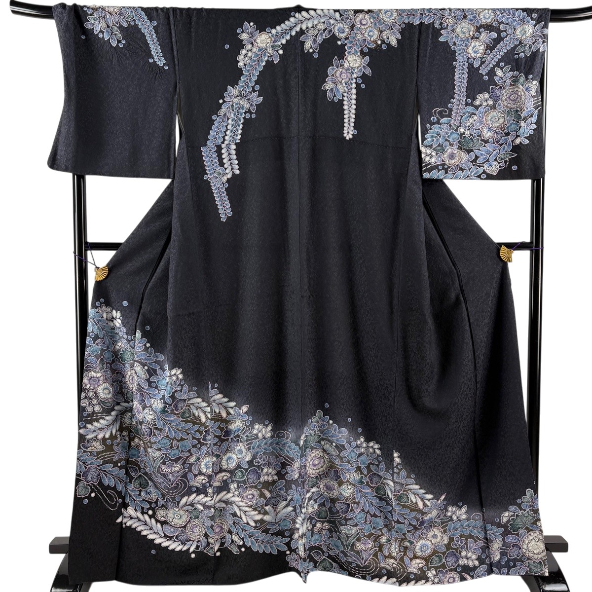 【美品】 短い訪問着 身の丈166珊 裄丈70珊 L 袷 辻が花柄 金彩 ぼかし 墨色 正絹 神品 【中古】