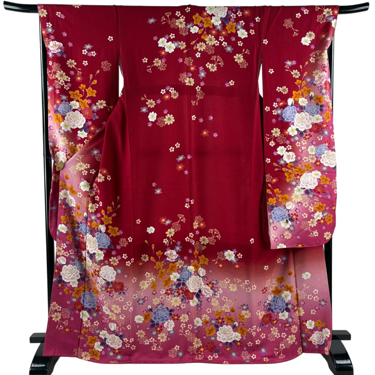 振袖 身の丈168.5珊 裄丈67.5珊 L 袷 ローズ 桜 金糸 金彩 赤 正絹 神品 【中古】
