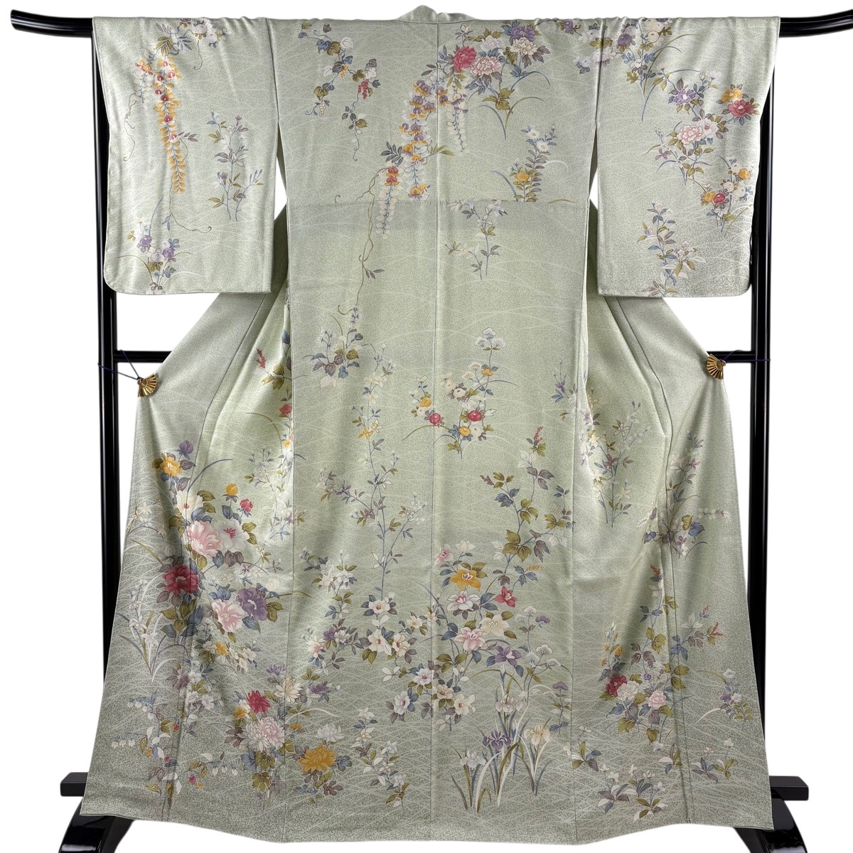 【美品】 短い訪問着 身の丈167珊 裄丈66.5珊 M 袷 ますいわ屋 顕花植物 グレープ 金彩 薄緑 正絹 神品 【中古】