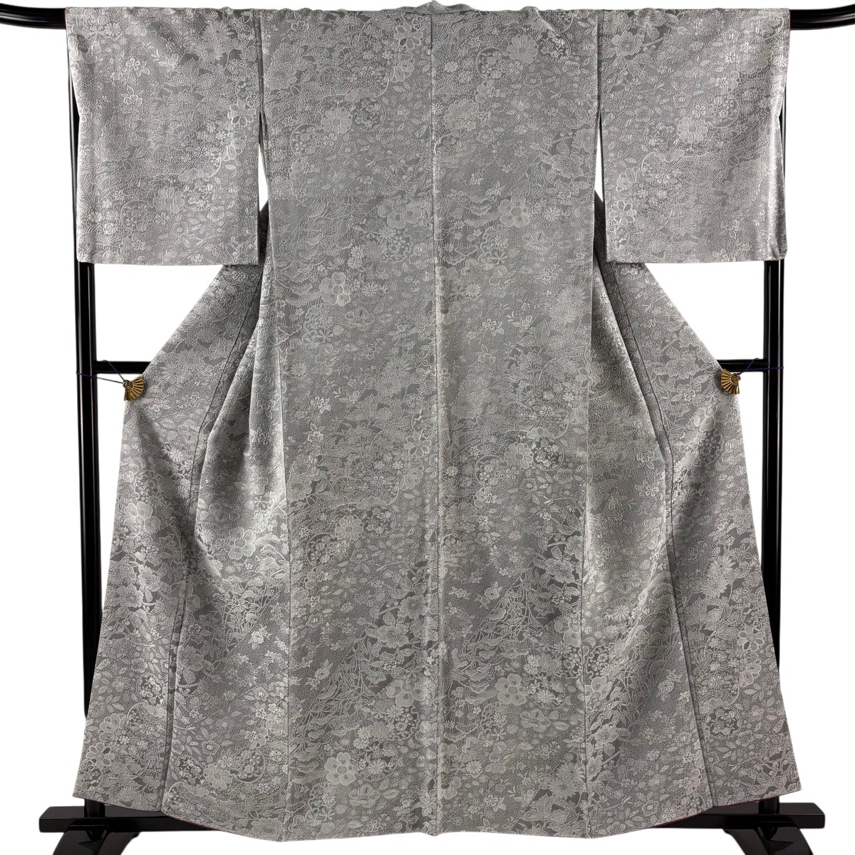【美品】 小紋 身の丈160珊 裄丈66.5珊 M 袷 紋絵柄 顕花植物 雪輪 薄墨色 正絹 神品 【中古】