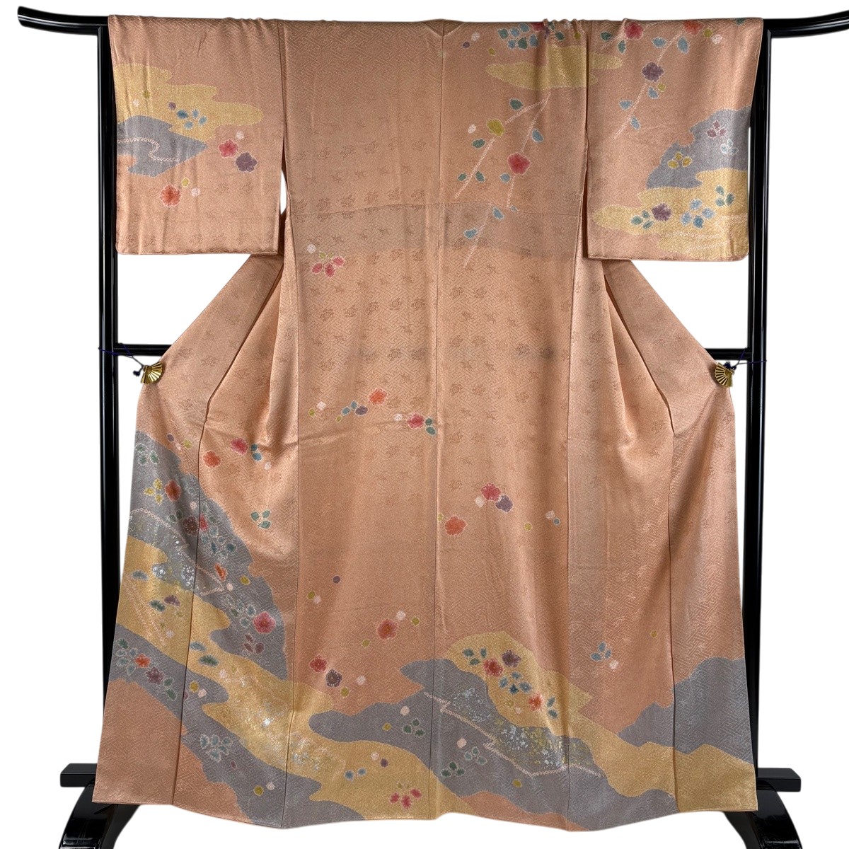 【美品】 短い訪問着 身の丈165珊 裄丈67.5珊 L 袷 顕花植物 霞 現ナマ彩 絞り 薄オレンジ色 正絹 神品 一往紋 【中古】