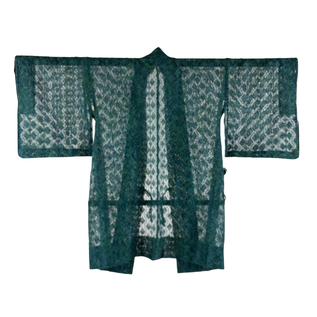 【美品】 道中着 身の丈92珊 裄丈64珊 M 和装厚地の外套 発祥地奄美大島本泥染 証紙あり 幾何学学飾りつけ 緑 正絹 神品 【中古】