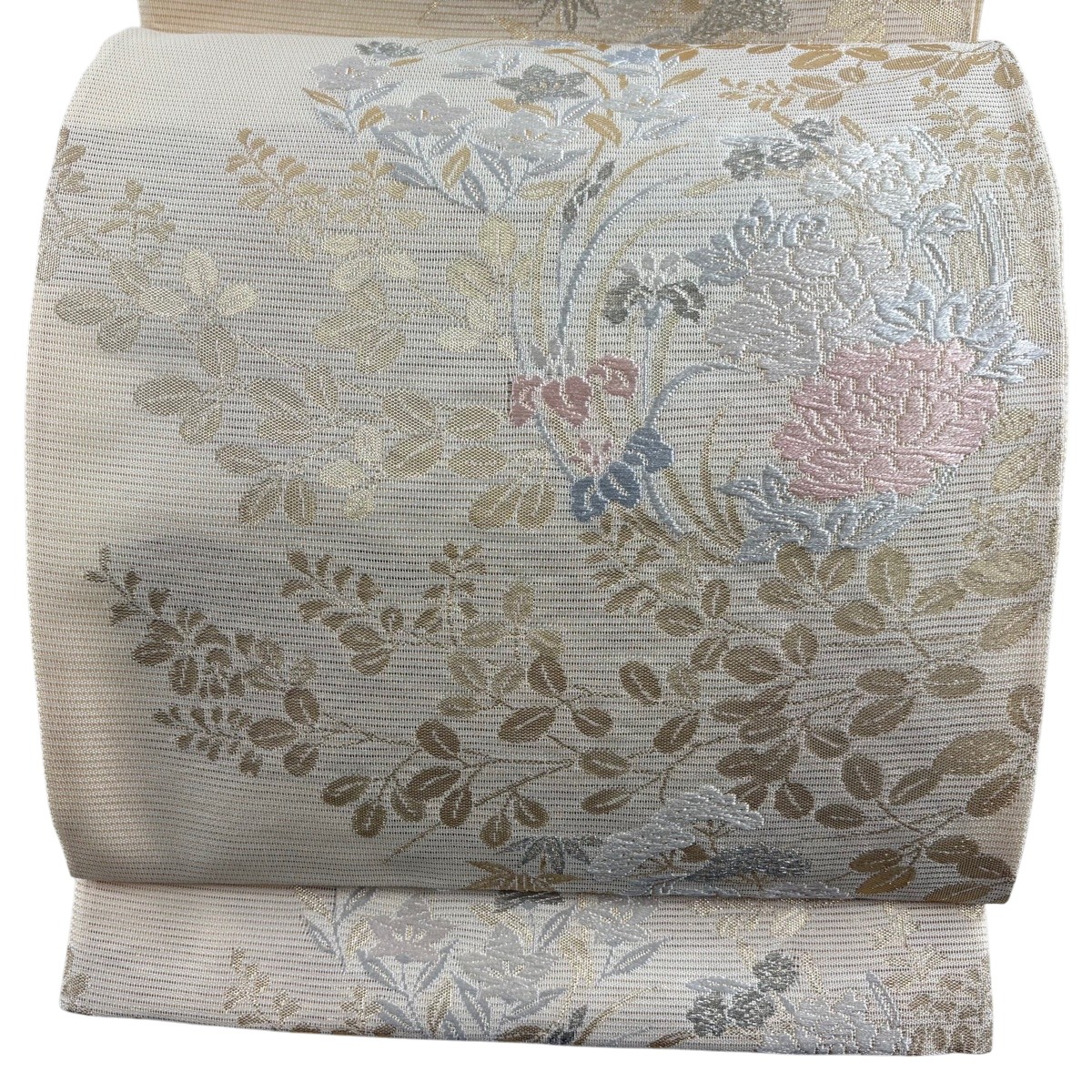 袋帯 秀品 夏帯 絽 花丸文 萩 銀糸 箔 ベージュ 六通 正絹 【中古】