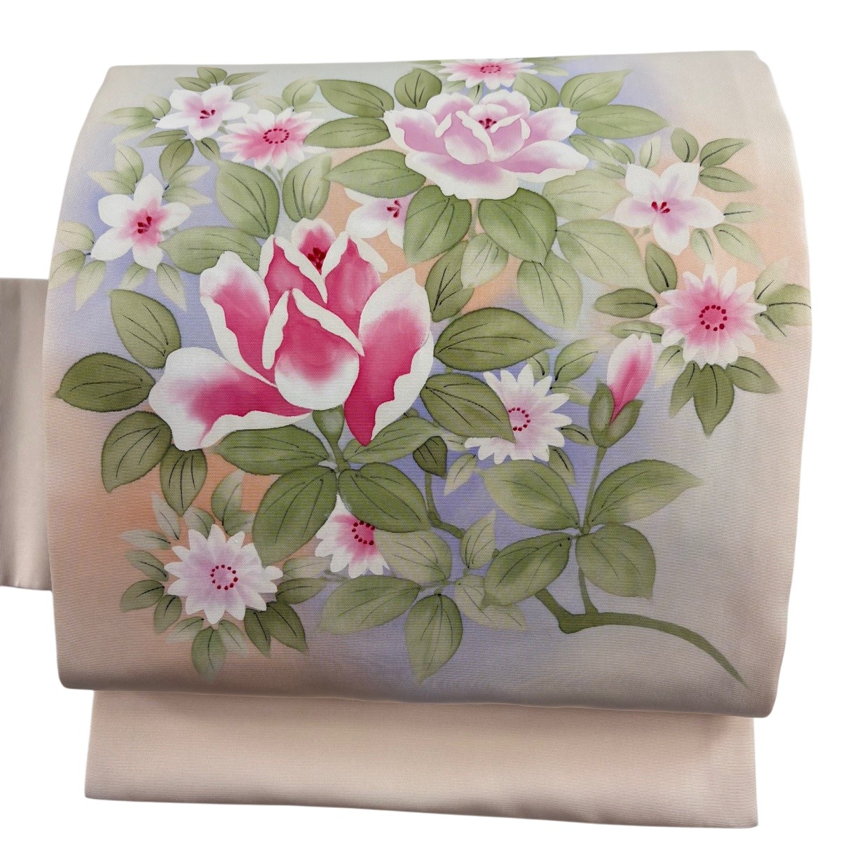 【美品】 名古屋帯 秀品 顕花植物 ぼかし 薄オレンジ色 正絹 【中古】