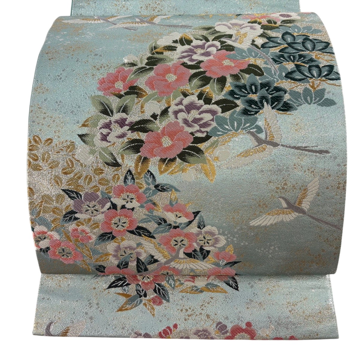 【美品】 袋帯 秀品 椿 鳥 箔 金糸 薄青緑 お太鼓柄 正絹 【中古】