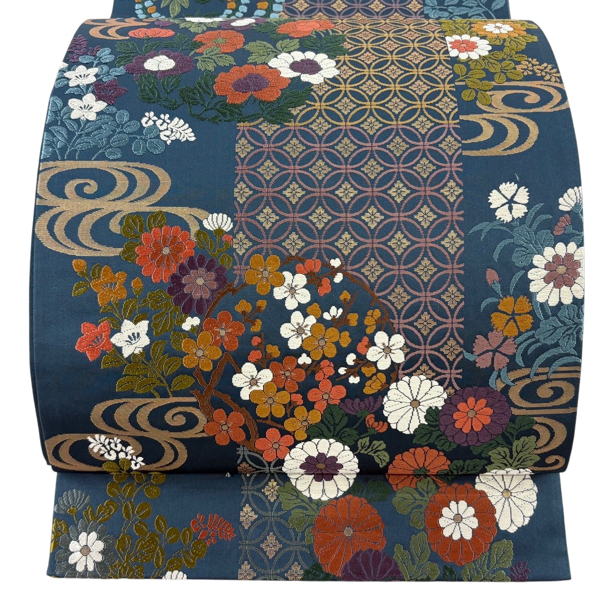 【美品】 袋帯 秀品 花丸文 七宝 箔 刺しゅう 紺色 六通 正絹 【中古】