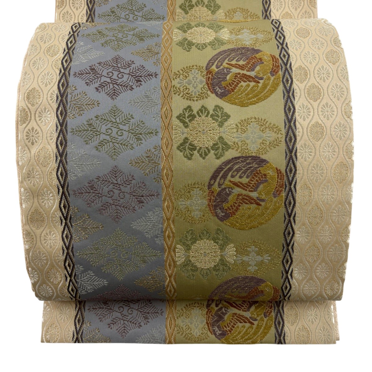 袋帯 神品 鳥丸文 若松菱 金糸 刺しゅう ベージュ 六通 正絹 【中古】