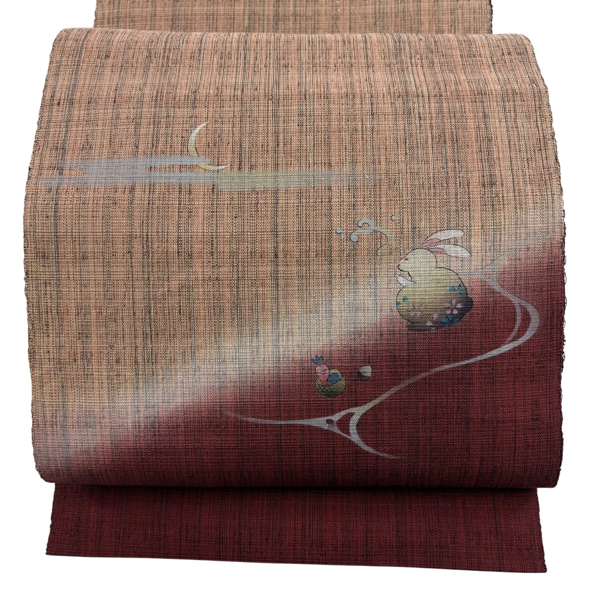【美品】 名古屋帯 神品 八寸名古屋帯 松葉仕立てもの 鈴乃屋 うさぎ 三日月 えんじ色 正絹 【中古】
