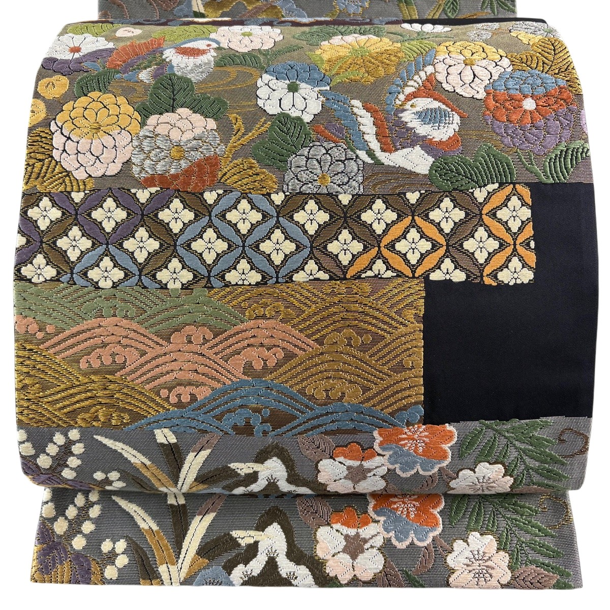 【美品】 袋帯 神品 鴛鴦 菊 現ナマ糸 唐織 黒 六通 正絹 【中古】