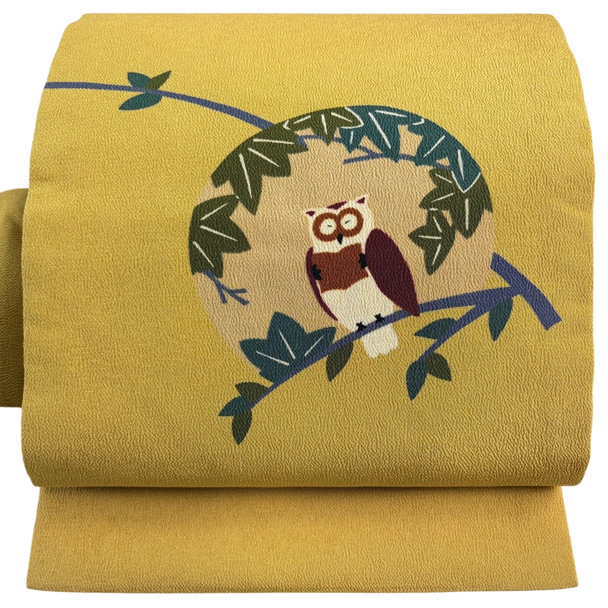 【美品】 名古屋帯 神品 梟 枝葉 クレープ からし色 正絹 【中古】